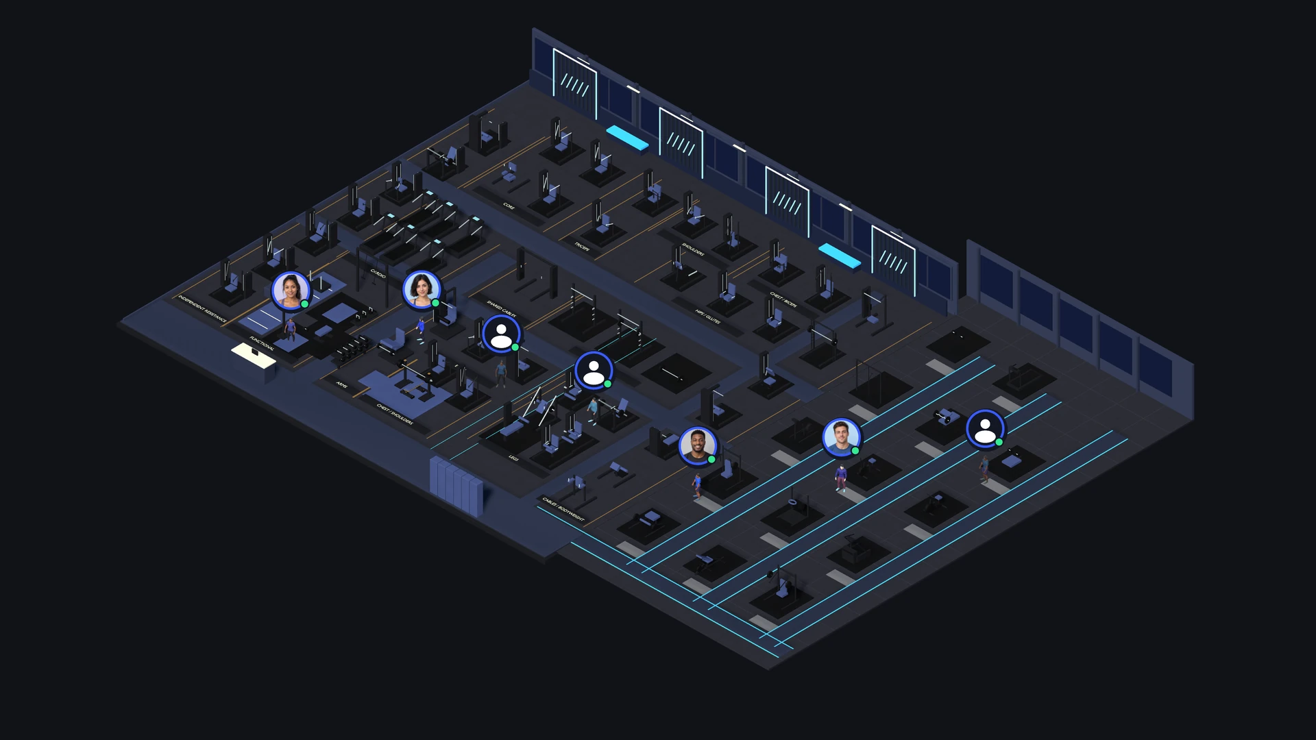 Neon Nights gym with participating avatars, profile markers and green online indicators in a Live Gym product preview