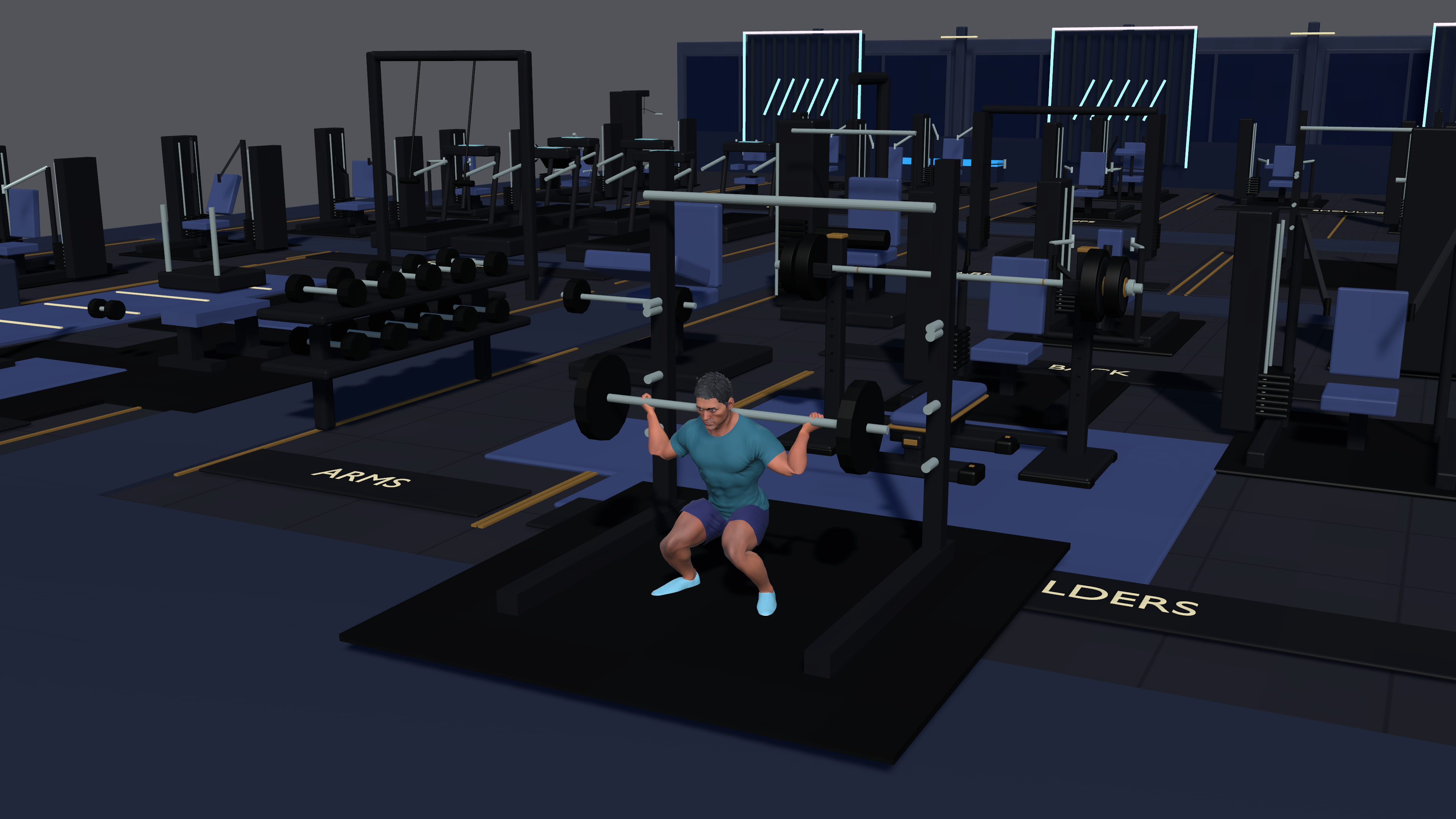 Liftspace avatar performing a barbell back squat inside Neon Nights