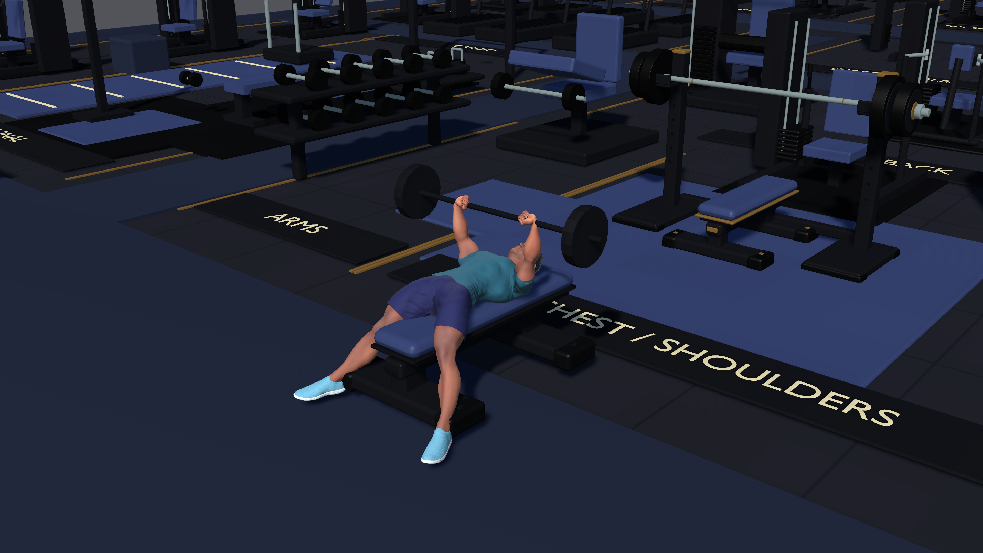 Liftspace avatar pressing a barbell on a bench inside Neon Nights